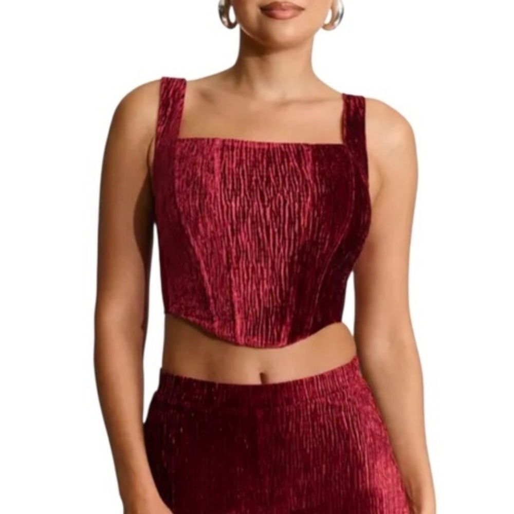 Naked Wardrobe Velvet Crop Corset Top Red Textured Square Neck